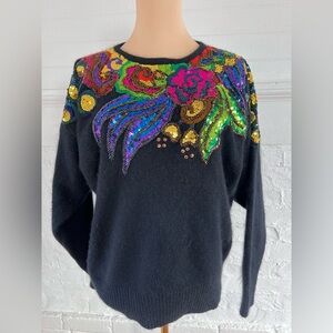 I.B. Diffusion Floral Sequined Silk Angora Sweater Black Fuzzy Vintage 90’s
